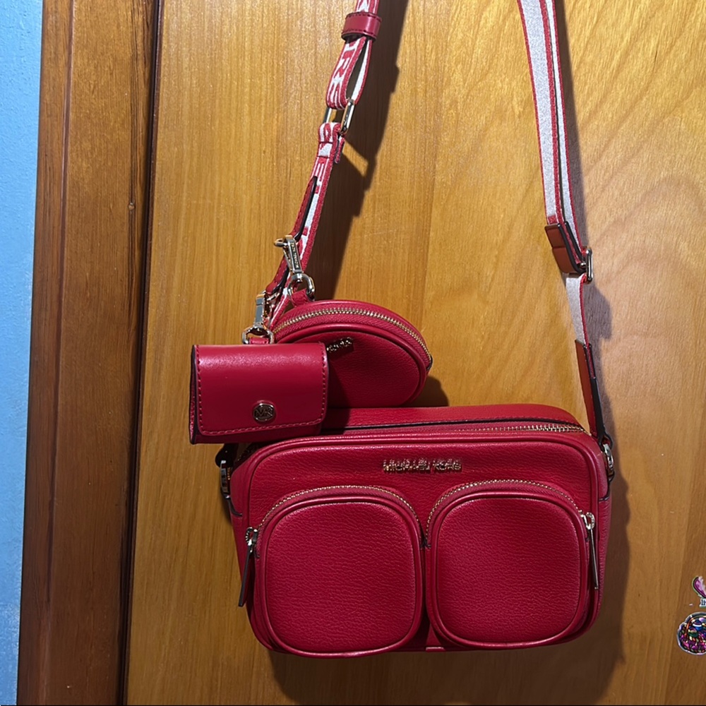 Michael Kors Bold Red Crossbody Bag with Accessories